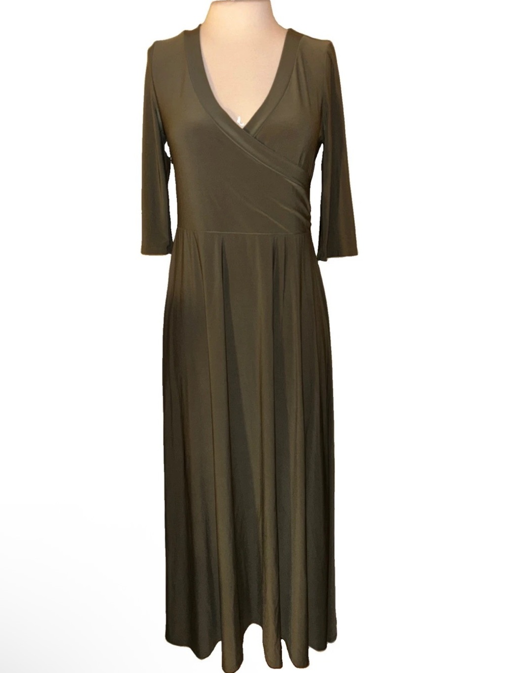 Olive Green Wrap-Style Maxi Dress with 3/4 Sleeves